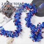 50 Feet 4th of July Tinsel Garland Red White Blue Patriotic Star Garland Twisted Hanging Streamer for 4th of July Party Decoration Independence Day Memorial Celebration (Style B)