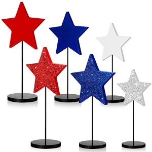 Wesiti 6 Pcs Patriotic Table Centerpieces Decoration 4th of July Wooden Tall Standing Star Block Set Rustic Glitter Red White Blue Sign Independence Day Decor for Memorial Day Home Room(Classic)