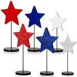 Wesiti 6 Pcs Patriotic Table Centerpieces Decoration 4th of July Wooden Tall Standing Star Block Set Rustic Glitter Red White Blue Sign Independence Day Decor for Memorial Day Home Room(Classic)