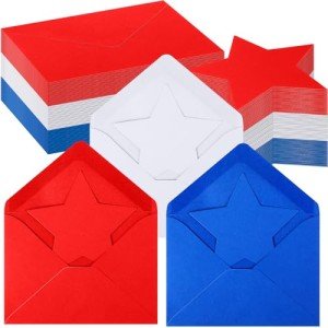Feifeiya 60 Set Patriotic Greeting Star Cards with Envelopes 3 Colors 5.12 x 3.74 Inch Red White Blue Memorial Day Card Bulk for Veterans Day Appreciation Note Card