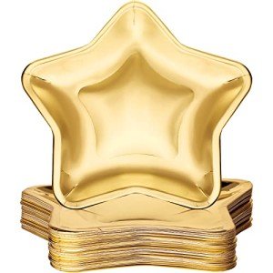 Vesici 60 Pieces Thick Star Shaped 4th of July Paper Plates Disposable Patriotic Party Plate Pentagram Dinnerware Plate for Independence Day Birthday Appetizers Fruit Dessert, 9.45 Inch(Gold)