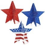COCHIE 6 Inch Labor Day Decorations Wooden Stars Set, 3D Glitter Star Memorial Day Tiered Tray Decor, 4th of July Red White Blue Patriotic Decoration for Home Table Desk Door Shelf (Flag Style)