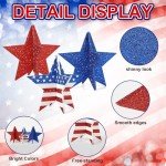 COCHIE 6 Inch Labor Day Decorations Wooden Stars Set, 3D Glitter Star Memorial Day Tiered Tray Decor, 4th of July Red White Blue Patriotic Decoration for Home Table Desk Door Shelf (Flag Style)