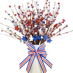6 Pcs Patriotic Artificial Flowers 4th of July Decorations - 17 Inch Red White Blue Picks with 1.64 Yard Ribbon for Table Centerpieces, Independence Day, Memorial Day, Party, Office, Vase Filler