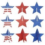 COCHIE 6 Inch Labor Day Decorations Wooden Stars Set, 3D Glitter Star Memorial Day Tiered Tray Decor, 4th of July Red White Blue Patriotic Decoration for Home Table Desk Door Shelf (Flag Style)