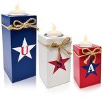 3 Patriotic Wooden Table Decorations 4th of July Wood Candle Holder Tabletop Centerpieces with Operated Tea Lights for Memorial Independence Day Tiered Tray Decor