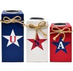 3 Patriotic Wooden Table Decorations 4th of July Wood Candle Holder Tabletop Centerpieces with Operated Tea Lights for Memorial Independence Day Tiered Tray Decor
