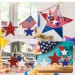 COCHIE 4th of July Decorations Wooden Stars, Patriotic Memorial Day Star Tiered Tray Decor Set of 3, Fourth of July Red White Blue Decoration for Home Office Table Shelf (Glitter Polka Dots)