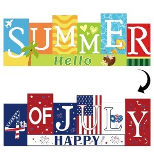 4th of July Decorations Wooden Table Sign Summer Decorations, Patriotic Independence Day Memorial Day Decorations Reversible Double-sided Different Theme Farmhouse Tabletop Centerpiece Decor