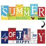 4th of July Decorations Wooden Table Sign Summer Decorations, Patriotic Independence Day Memorial Day Decorations Reversible Double-sided Different Theme Farmhouse Tabletop Centerpiece Decor