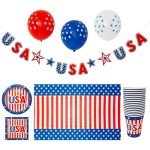 LUV HER USA Party Tableware Set - 4th of July Disposable Dinnerware - Plates, Cups, Napkins, Tablecloth & Centrepiece - Red White & Blue Patriotic Theme for Independence, Memorial, Veterans Day