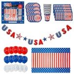 LUV HER USA Party Tableware Set - 4th of July Disposable Dinnerware - Plates, Cups, Napkins, Tablecloth & Centrepiece - Red White & Blue Patriotic Theme for Independence, Memorial, Veterans Day