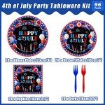 Kepeel 96 Pcs 4th of July Patriotic Party Plates, Independence Day Party Decorations Supplies Fourth of July American Flag Memorial Veterans Day Tableware Disposable Dinnerware Set, Serves 24