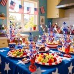 FUBININA 6 Pack 4th of July Table Centerpiece Decoration Metallic Foil Spray Star Burst Patriotic Decoration Independence Day Labor Day Veteran Day Memorial Day Party Supplies, Red White and Blue