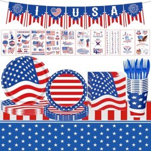 108PCS 4th of July Party Supplies American Flag Tableware Set Forth of July Patriotic Party Decorations Patriotic Paper Plates and Napkins Tablecloth Memorial Independence Day Dinnerware for 16 Guests