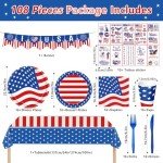 108PCS 4th of July Party Supplies American Flag Tableware Set Forth of July Patriotic Party Decorations Patriotic Paper Plates and Napkins Tablecloth Memorial Independence Day Dinnerware for 16 Guests