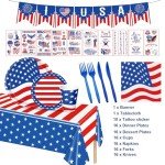 108PCS 4th of July Party Supplies American Flag Tableware Set Forth of July Patriotic Party Decorations Patriotic Paper Plates and Napkins Tablecloth Memorial Independence Day Dinnerware for 16 Guests