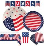 Oojami 4th of July Party Set for 18 Guests – Includes USA Flag Plates, Cups, Napkins, Table Cover & Banner – Patriotic Red White Blue Decorations – Independence Day BBQ Supplies