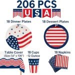 Oojami 4th of July Party Set for 18 Guests – Includes USA Flag Plates, Cups, Napkins, Table Cover & Banner – Patriotic Red White Blue Decorations – Independence Day BBQ Supplies