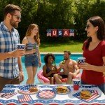 Oojami 4th of July Party Set for 18 Guests – Includes USA Flag Plates, Cups, Napkins, Table Cover & Banner – Patriotic Red White Blue Decorations – Independence Day BBQ Supplies