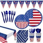 4th of July American Flag Party Tableware Set - Patriotic Disposable Plates for Dessert Cake, Napkins, Cups, Tablecloth, Banner for Kids' Party Plates Veterans Day Election Day Independence Day