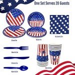 4th of July American Flag Party Tableware Set - Patriotic Disposable Plates for Dessert Cake, Napkins, Cups, Tablecloth, Banner for Kids' Party Plates Veterans Day Election Day Independence Day