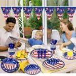4th of July American Flag Party Tableware Set - Patriotic Disposable Plates for Dessert Cake, Napkins, Cups, Tablecloth, Banner for Kids' Party Plates Veterans Day Election Day Independence Day