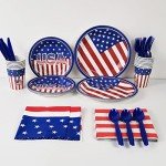 4th of July American Flag Party Tableware Set - Patriotic Disposable Plates for Dessert Cake, Napkins, Cups, Tablecloth, Banner for Kids' Party Plates Veterans Day Election Day Independence Day