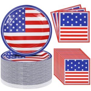 Mumufy 100 Pcs American Flag Patriotic Fourth of July Paper Plates and Napkins Disposable Red White and Blue Plates Napkins July 4 Supplies Tableware Independence Day Decoration, Serves 50(Modern)
