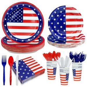 168 PCS 4th of July Decorations Patriotic Party Supplies American Flag Themed Tableware Set Disposable Paper Plates Napkins Cups Knives Forks Spoons Red White Blue Decor for Independence Day Serve 24
