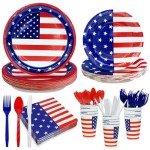 168 PCS 4th of July Decorations Patriotic Party Supplies American Flag Themed Tableware Set Disposable Paper Plates Napkins Cups Knives Forks Spoons Red White Blue Decor for Independence Day Serve 24