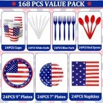168 PCS 4th of July Decorations Patriotic Party Supplies American Flag Themed Tableware Set Disposable Paper Plates Napkins Cups Knives Forks Spoons Red White Blue Decor for Independence Day Serve 24