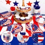 168 PCS 4th of July Decorations Patriotic Party Supplies American Flag Themed Tableware Set Disposable Paper Plates Napkins Cups Knives Forks Spoons Red White Blue Decor for Independence Day Serve 24