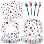 ZOIIWA 96PCS 4th of July Paper Plates and Napkins Patriotic Party Supplies Set Red Blue Silver Stars Disposable Tableware USA Themed Dinnerware for Independence Days Veterans Day Table Decorations