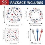 ZOIIWA 96PCS 4th of July Paper Plates and Napkins Patriotic Party Supplies Set Red Blue Silver Stars Disposable Tableware USA Themed Dinnerware for Independence Days Veterans Day Table Decorations