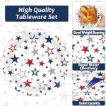 ZOIIWA 96PCS 4th of July Paper Plates and Napkins Patriotic Party Supplies Set Red Blue Silver Stars Disposable Tableware USA Themed Dinnerware for Independence Days Veterans Day Table Decorations
