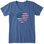 Life is Good. Womens Crusher Vee Watercolor Flag Heart, Vintage Blue-XL