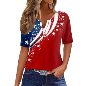 Womens Tops Dressy Casual 4Th of July Henley V Neck Clothing Trendy 2025 American Flag Button Down Shirt Short Sleeve Independence Day Outfit Summer Party Wear Blue,L