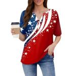 Womens Tops Dressy Casual 4Th of July Henley V Neck Clothing Trendy 2025 American Flag Button Down Shirt Short Sleeve Independence Day Outfit Summer Party Wear Blue,L