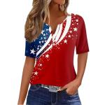 Womens Tops Dressy Casual 4Th of July Henley V Neck Clothing Trendy 2025 American Flag Button Down Shirt Short Sleeve Independence Day Outfit Summer Party Wear Blue,L