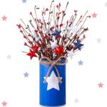 SiliFine 4th of July Table Centerpiece Decoration Patriotic Artificial Flower Stems Star Shaped Berry Picks with Metal Vase Pot for Independence Day Memorial Day Office Home(Blue and White)