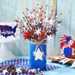 SiliFine 4th of July Table Centerpiece Decoration Patriotic Artificial Flower Stems Star Shaped Berry Picks with Metal Vase Pot for Independence Day Memorial Day Office Home(Blue and White)