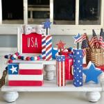 COCHIE 4th of July Decorations Set, Red White Blue Decor, Wooden Patriotic Memorial Day Tiered Tray Decor, Labor Day Decorations, Fourth of July Decoration for Home Office Table (Flag Shinny)