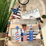 COCHIE 4th of July Decorations Set, Red White Blue Decor, Wooden Patriotic Memorial Day Tiered Tray Decor, Labor Day Decorations, Fourth of July Decoration for Home Office Table (Flag Shinny)