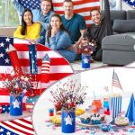SiliFine 4th of July Table Centerpiece Decoration Patriotic Artificial Flower Stems Star Shaped Berry Picks with Metal Vase Pot for Independence Day Memorial Day Office Home(Blue and White)