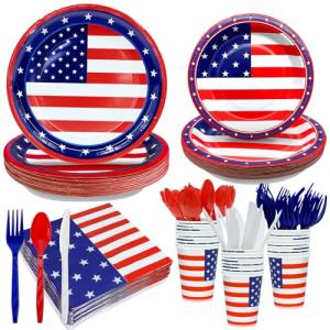 4th of July Decorations Patriotic Party Supplies, 168 PCS American Flag Party Tableware Serve 24, 4th of July Plates Napkins Cups Knives Forks Spoons Red White and Blue Decoration for Independence Day