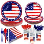 4th of July Decorations Patriotic Party Supplies, 168 PCS American Flag Party Tableware Serve 24, 4th of July Plates Napkins Cups Knives Forks Spoons Red White and Blue Decoration for Independence Day