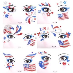 Yosca 6Pcs Independence Day Face Stickers, Red White Blue Temporary Tattoos for 4th of July Patriotic Glitter Makeup, Self Adhesive Star Face Art Sticker for Memorial Day Veterans Day USA Flag Party