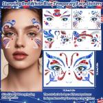 Yosca 6Pcs Independence Day Face Stickers, Red White Blue Temporary Tattoos for 4th of July Patriotic Glitter Makeup, Self Adhesive Star Face Art Sticker for Memorial Day Veterans Day USA Flag Party