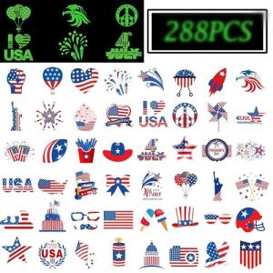 288PCS 4th/Fourth of July Tattoos for Kids, Glow in the Dark Tattoo Patriotic tattoos Patriotic Party Decorations Favors Supplies 48 Designs for Fourth of July Party, Independence Day party